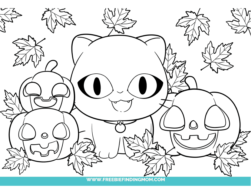 Halloween Coloring Page featuring a Cute Cat with Pumpkins