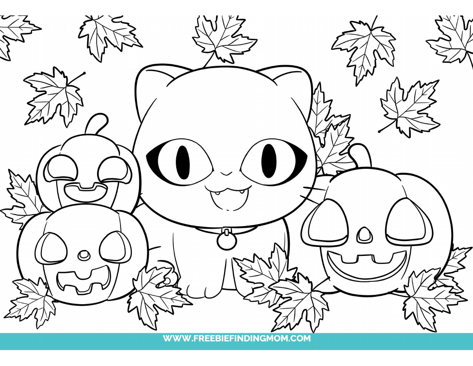 Halloween Coloring Page featuring a Cute Cat with Pumpkins