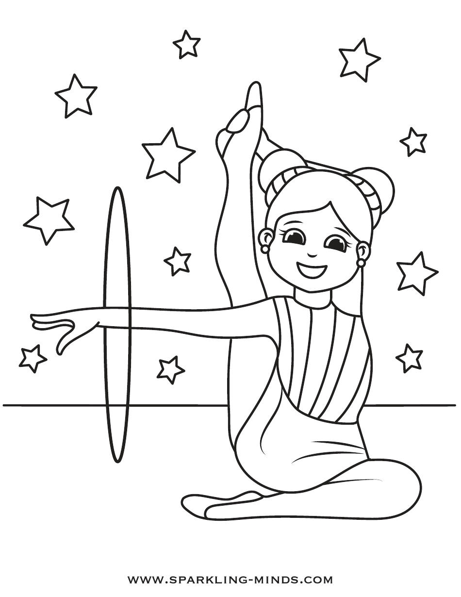 Gymnast girl practicing routines with a hoop coloring page