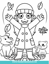 Document preview: Girl With Pets Outside Coloring Page