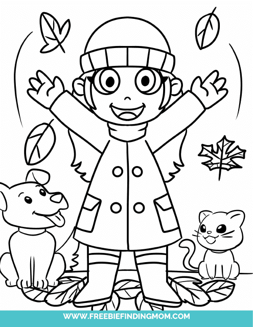 Girl With Pets Outside Coloring Page Preview Image