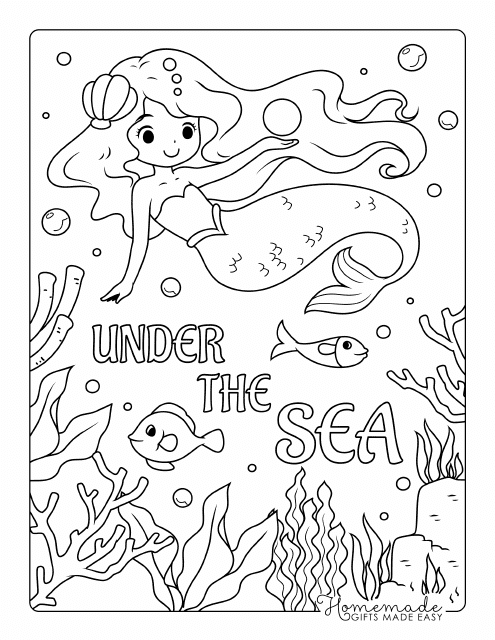 Mermaid Under the Sea Coloring Page - Printable Colourful Illustration