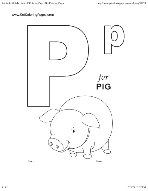 Alphabet Coloring Page with Pig - TemplateRoller.com