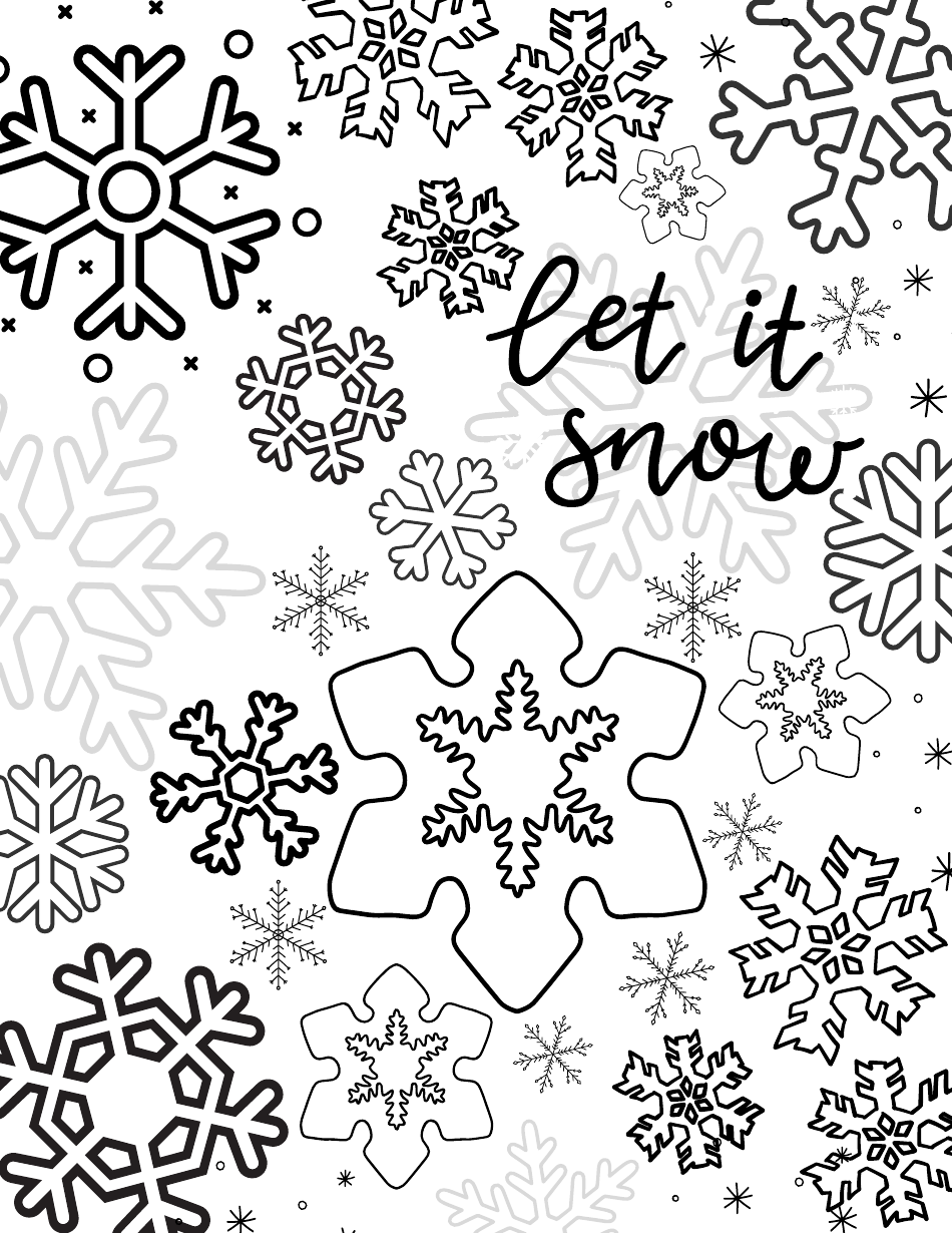 Let It Snow Coloring Page - A cheerful winter-themed coloring page with the phrase "Let It Snow" written in playful lettering, surrounded by adorable snowflakes and whimsical snowman. Perfect for adults and kids to enjoy coloring during the holiday season.