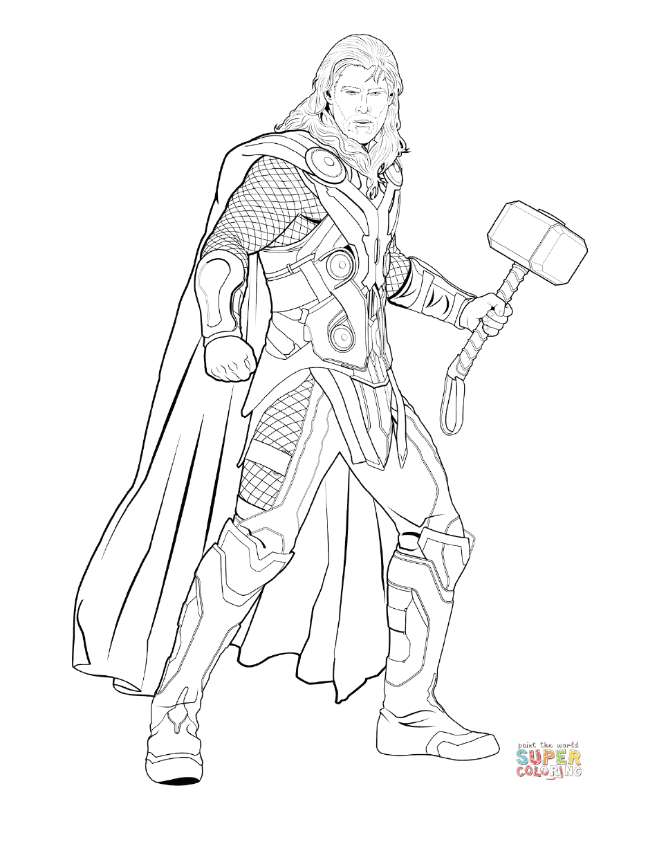 Marvel's Thor coloring page showcasing the Mighty Thor in action