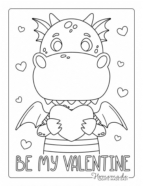 Valentine's Day coloring page with a cute Little Dragon
