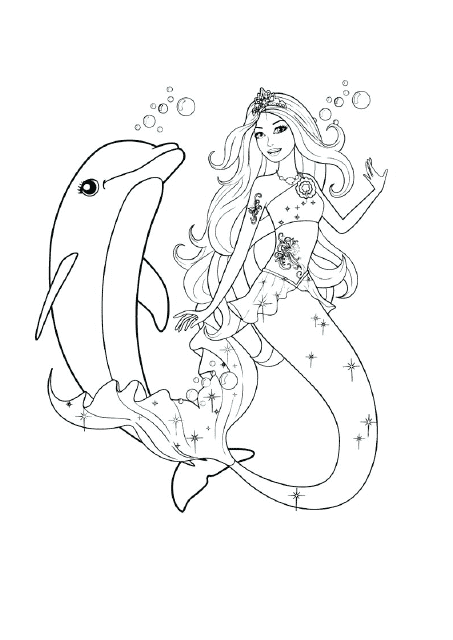 Coloring page featuring a mermaid and dolphin