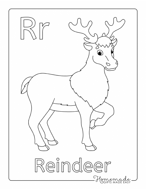 Alphabet coloring page with a cute reindeer graphic
