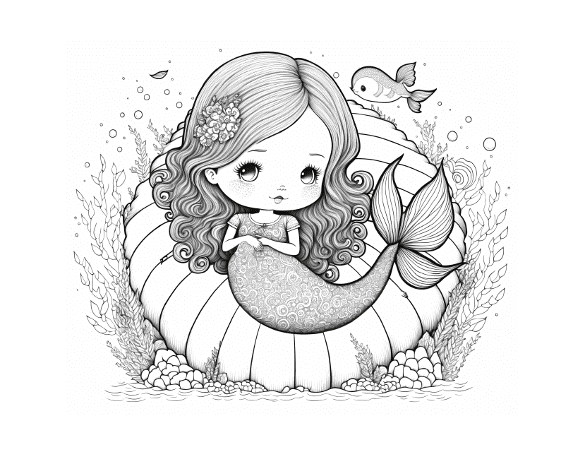 Little Mermaid girl coloring page - coloring book illustration of a young girl dressed as a mermaid