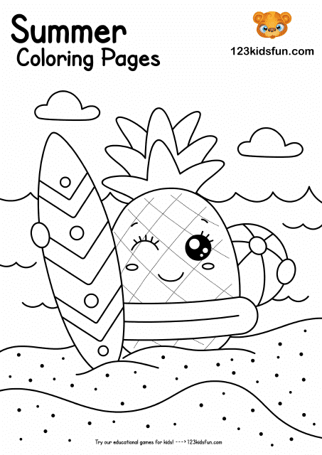 Colorful summer coloring page featuring a cute and ripe pineapple on a sunny beach