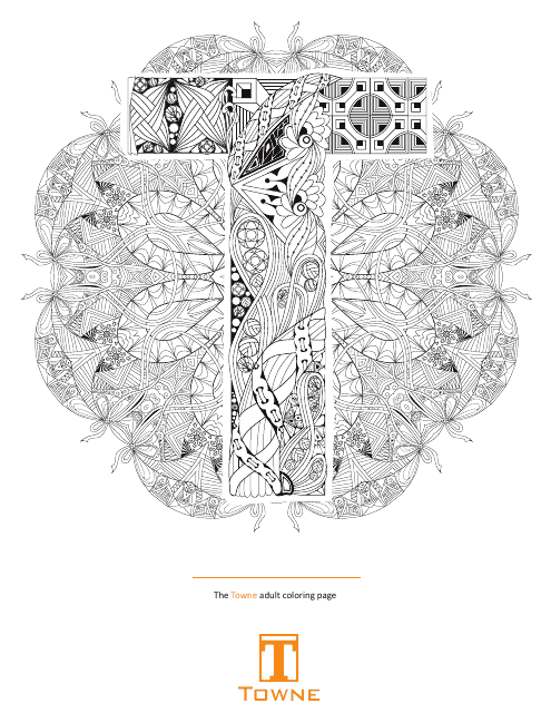A printable adult coloring page featuring the letter T