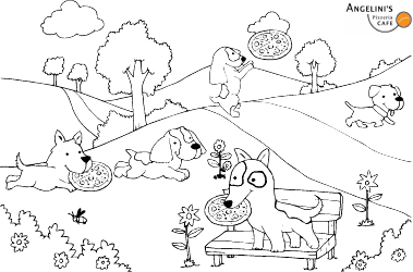 Document preview: Dogs With Pizza Coloring Page