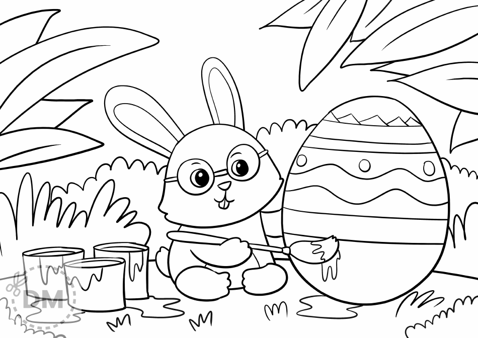 Easter Bunny Painting an Egg Coloring Page - Printable Easter-themed coloring page