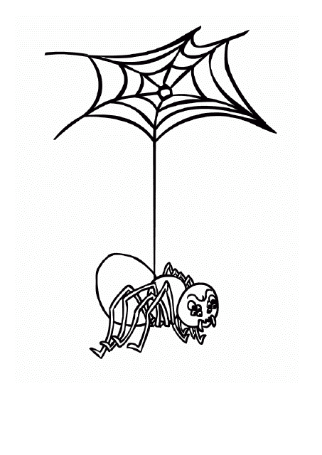Coloring page of a spider hanging from a cobweb