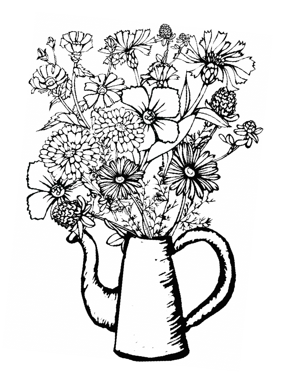 Flowers in a Tea Pot Coloring Page Preview Image