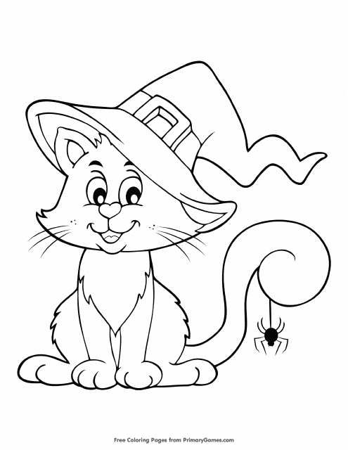 Cat Witch Coloring Page - Printable Halloween Coloring Sheet