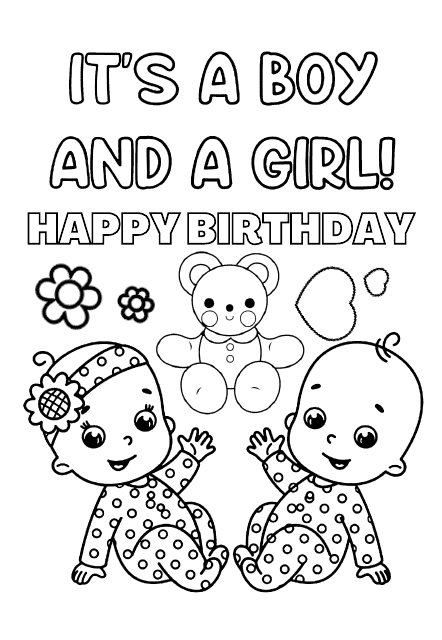 Boy and girl twins celebrating their birthday in a coloring page