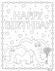 Document preview: Happy Birthday Coloring Page - Elephants