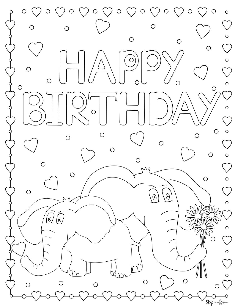 Happy Birthday coloring page with cute elephants