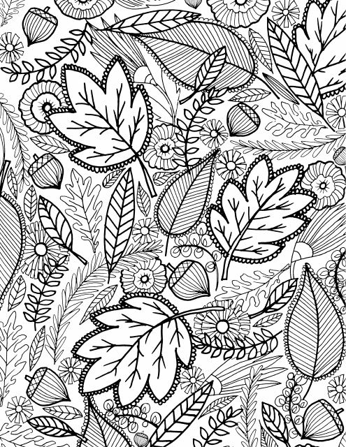 A beautifully illustrated adult coloring page with a fall or autumn-themed design.