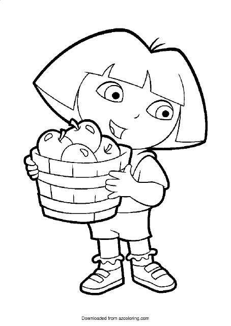 Dora With Apples Coloring Page - Printable Cartoon Character Coloring Sheet Dependable loveable Dora showcasing her delicious creation of apples on a coloring page.