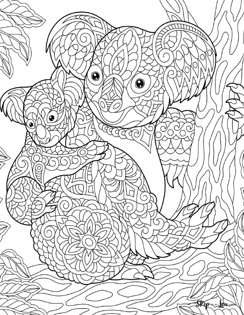 Zentangle Pattern Coloring Page featuring two adorable koalas