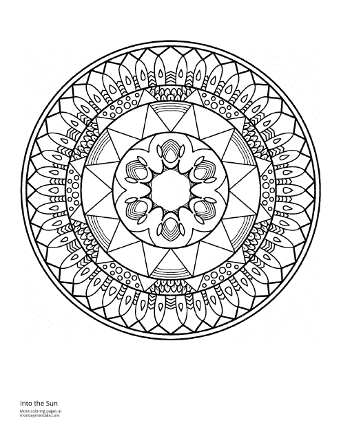 Into the Sun Mandala Coloring Page - A beautiful mandala coloring page depicting a sun-inspired design.