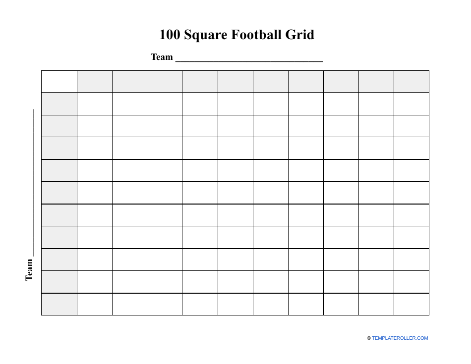 Printable 100 square grid football template for tracking scores and plays
