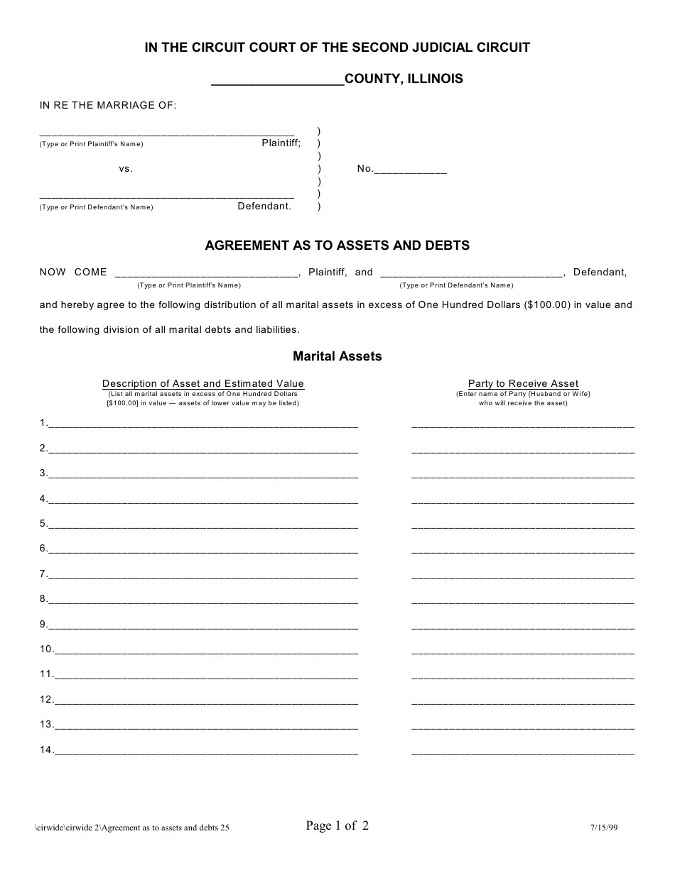 Agreement as to Assets and Debts - Illinois, Page 1