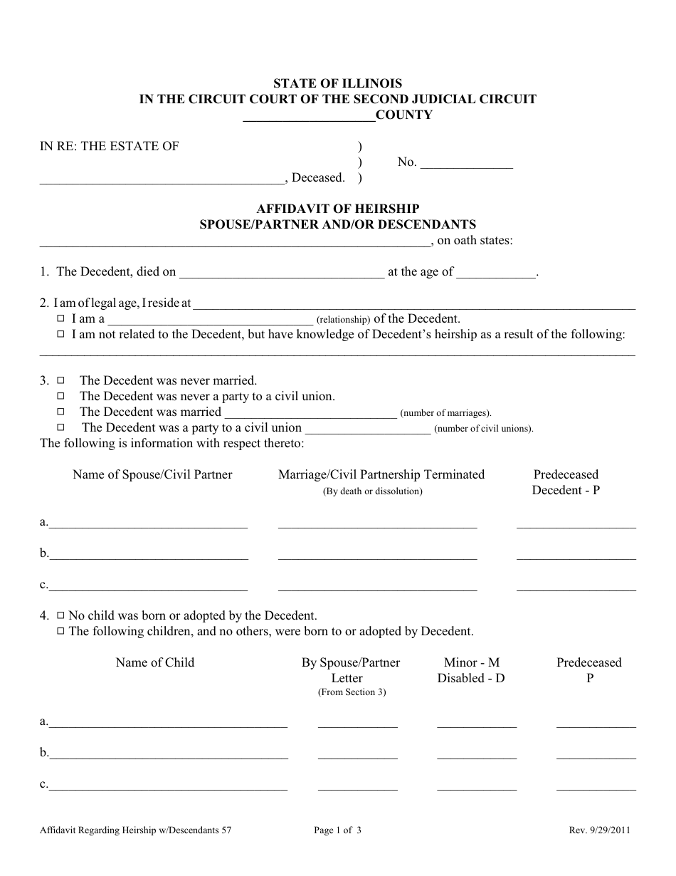 Affidavit of Heirship Spouse / Partner and / or Descendants - Illinois, Page 1