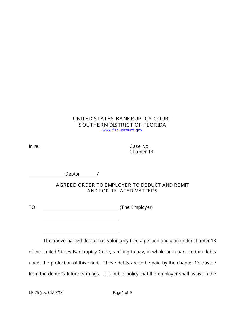 Form LF-75 Agreed Order to Employer to Deduct and Remit and for Related Matters - Florida, Page 1