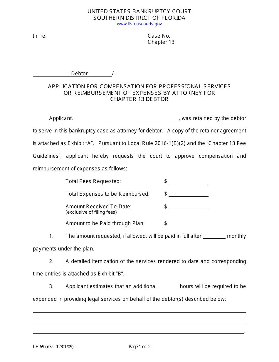 Form LF-69 Application for Compensation for Professional Services or Reimbursement of Expenses by Attorney for Chapter 13 Debtor - Florida, Page 1