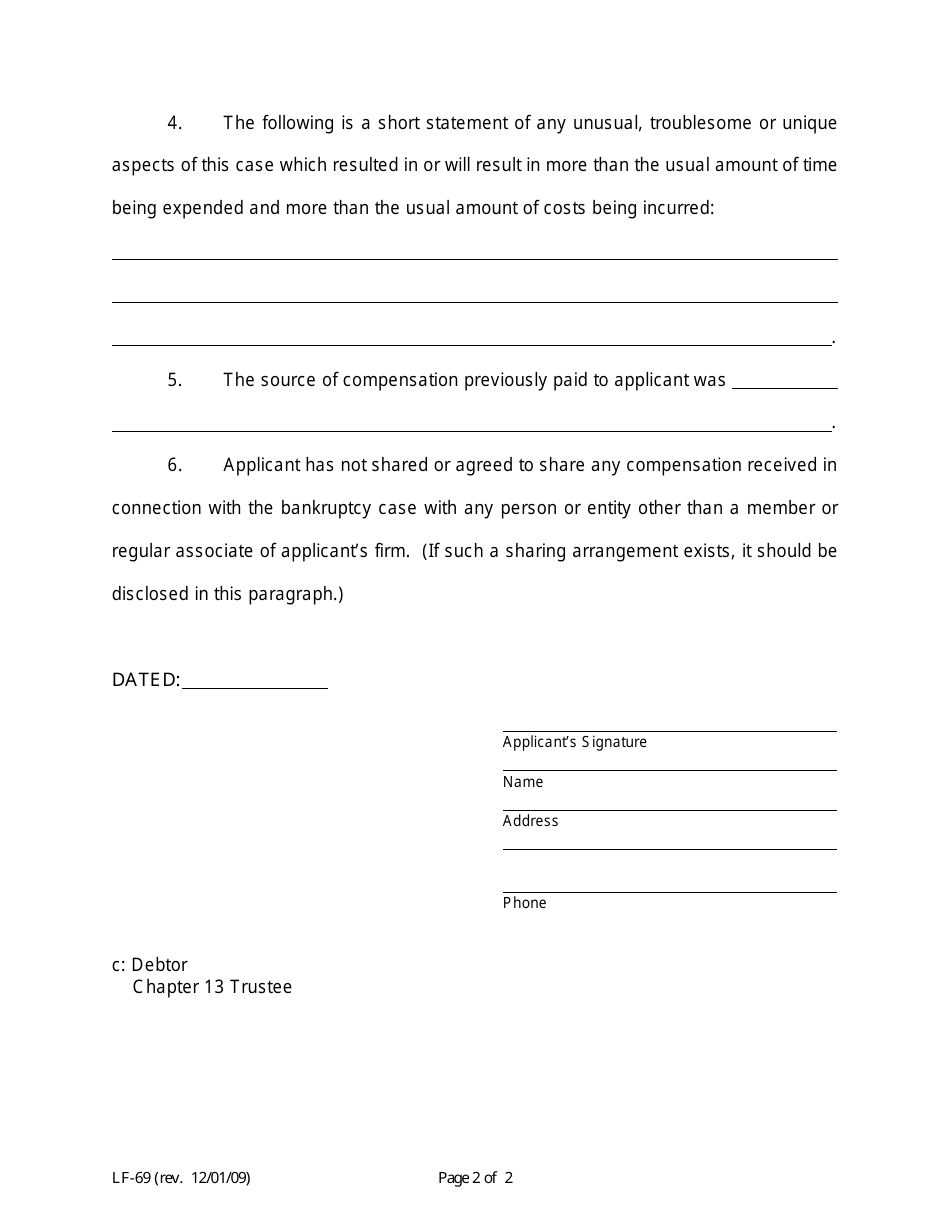 Form LF-69 Application for Compensation for Professional Services or Reimbursement of Expenses by Attorney for Chapter 13 Debtor - Florida, Page 2