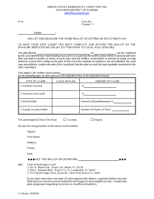 Form LF-33 Ballot and Deadline for Filing Ballot Accepting or Rejecting Plan - Florida