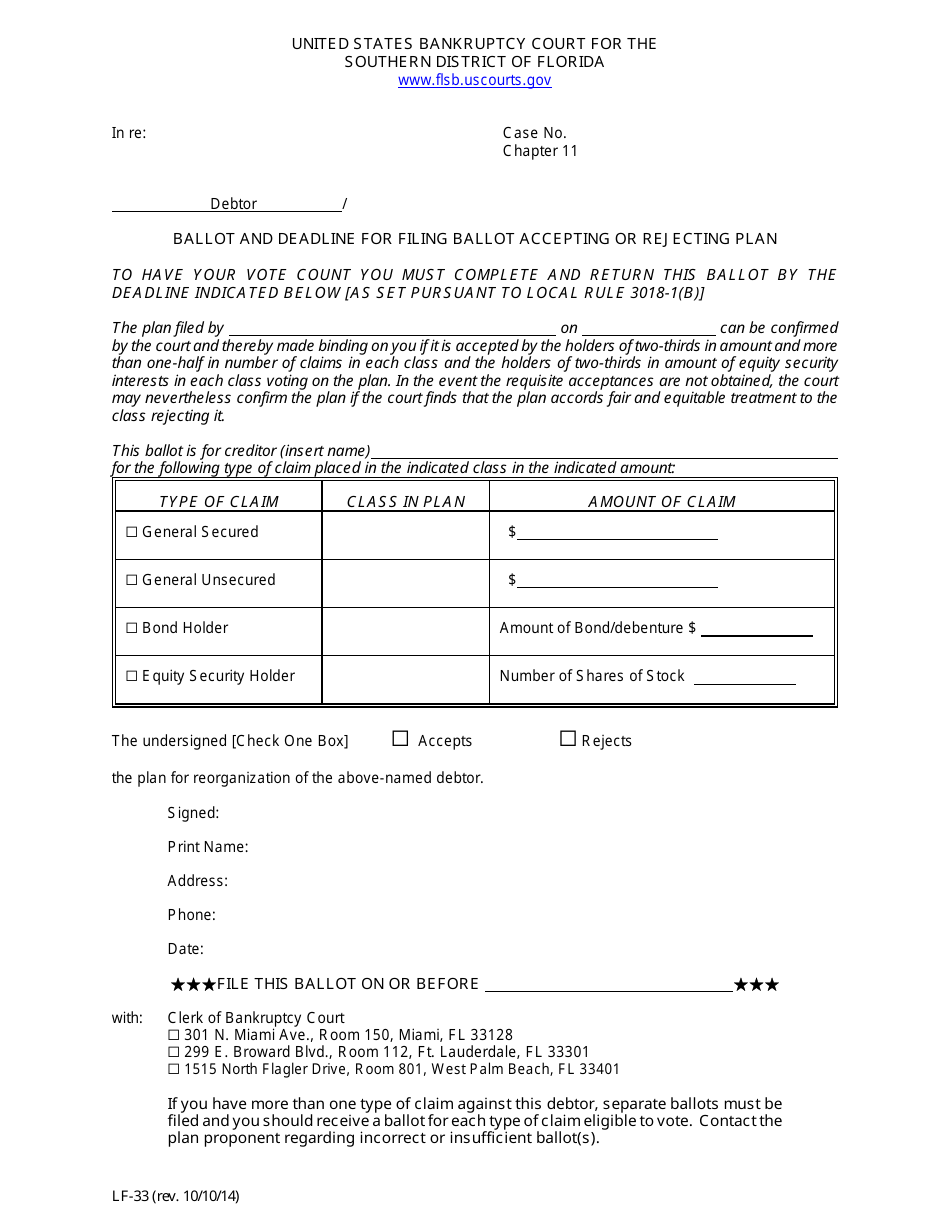 Form LF-33 Ballot and Deadline for Filing Ballot Accepting or Rejecting Plan - Florida, Page 1