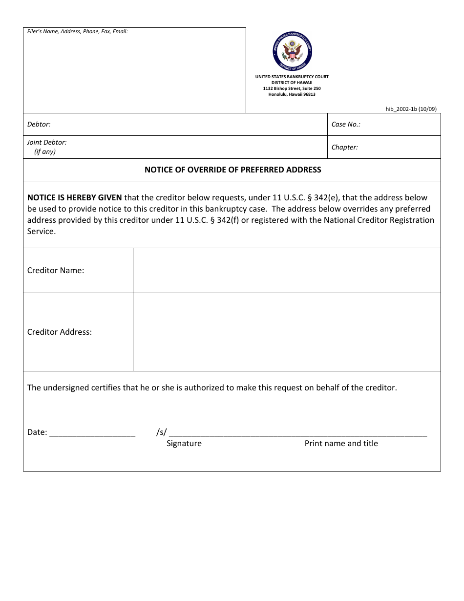 Form H2002-1B Notice of Override of Preferred Address - Hawaii, Page 1