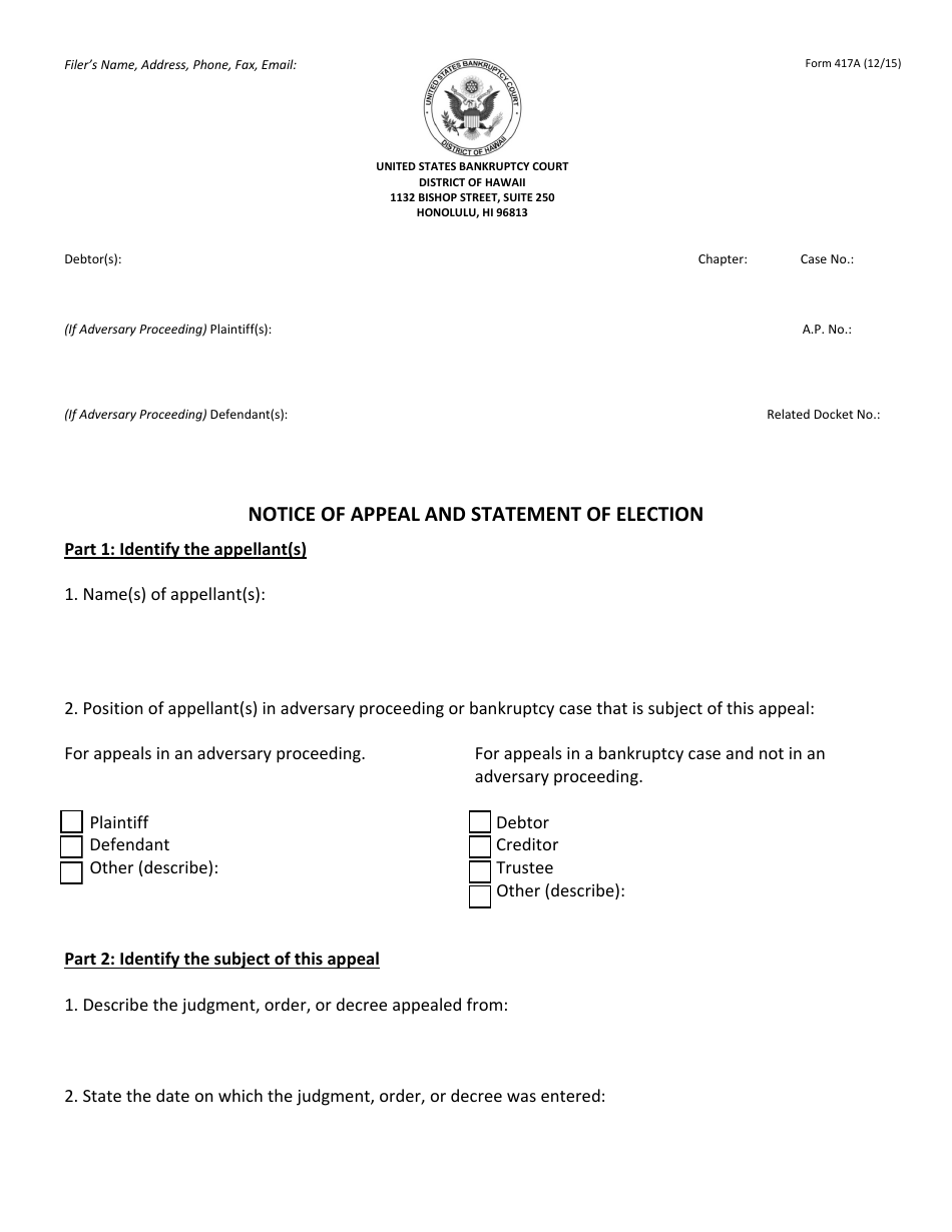 Form 417A Notice of Appeal and Statement of Election - Hawaii, Page 1