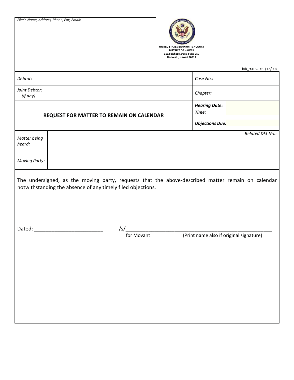 Form H9013-1C3 Request for Matter to Remain on Calendar - Hawaii, Page 1