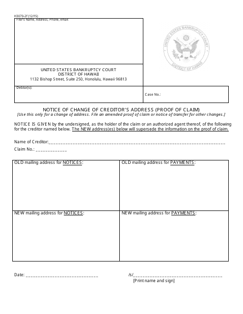 Form H3070-2F Notice of Change of Creditor's Address (Proof of Claim) - Hawaii