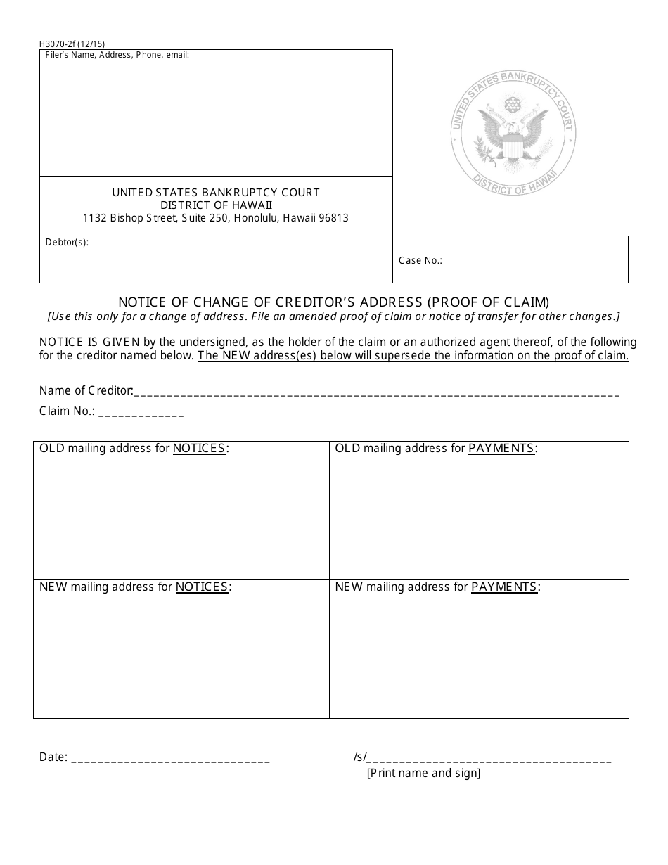 Form H3070-2F Notice of Change of Creditors Address (Proof of Claim) - Hawaii, Page 1