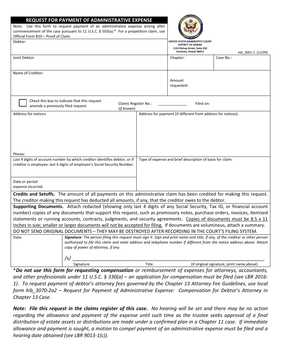 Form H3001-2 Request for Payment of Administrative Expense - Hawaii, Page 1