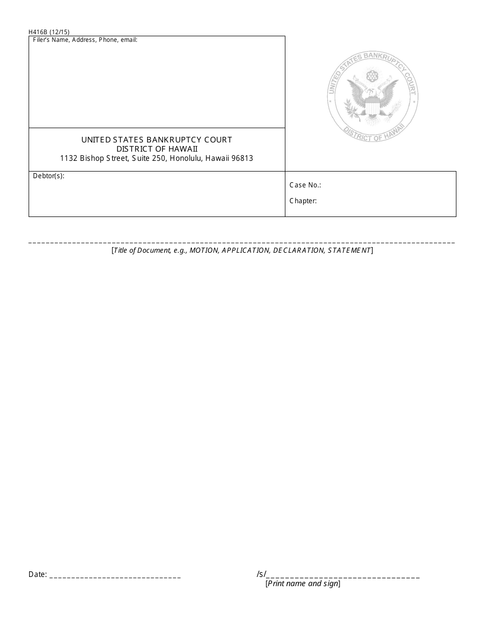 Form H416B Caption - Bankruptcy - Hawaii, Page 1