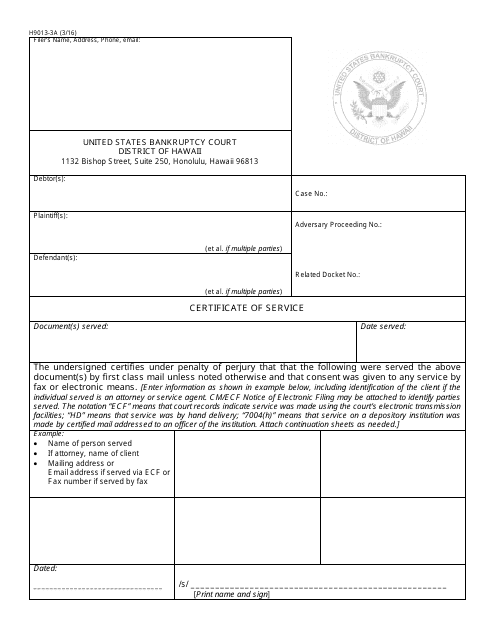 Form H9013-3A Certificate of Service for Adversary Proceedings - Hawaii