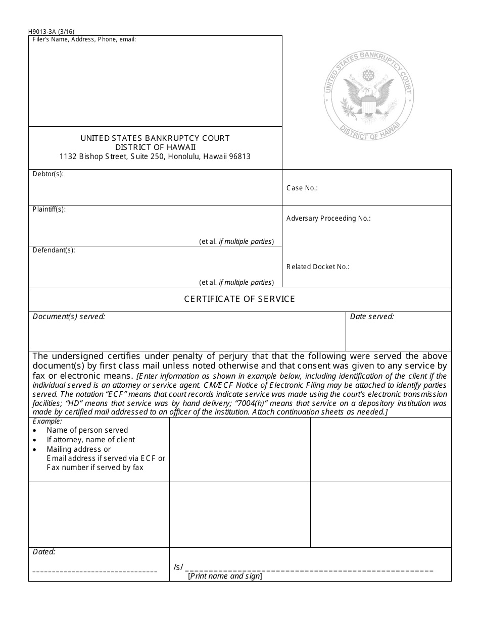 Form H9013-3A Certificate of Service for Adversary Proceedings - Hawaii, Page 1