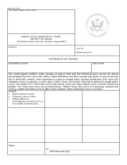 Form H9013-3B Certificate of Service for Bankruptcy Cases - Hawaii