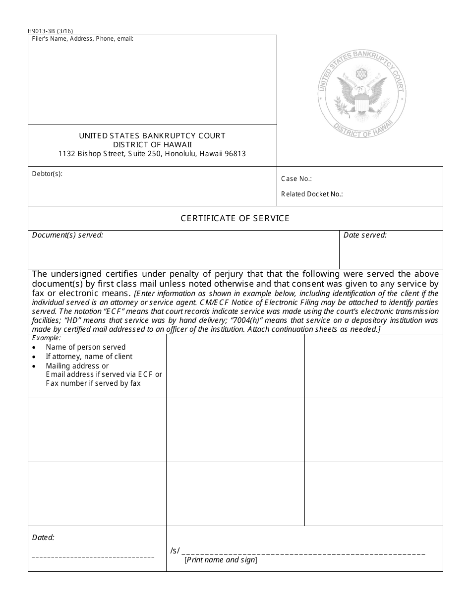 Form H9013-3B Certificate of Service for Bankruptcy Cases - Hawaii, Page 1