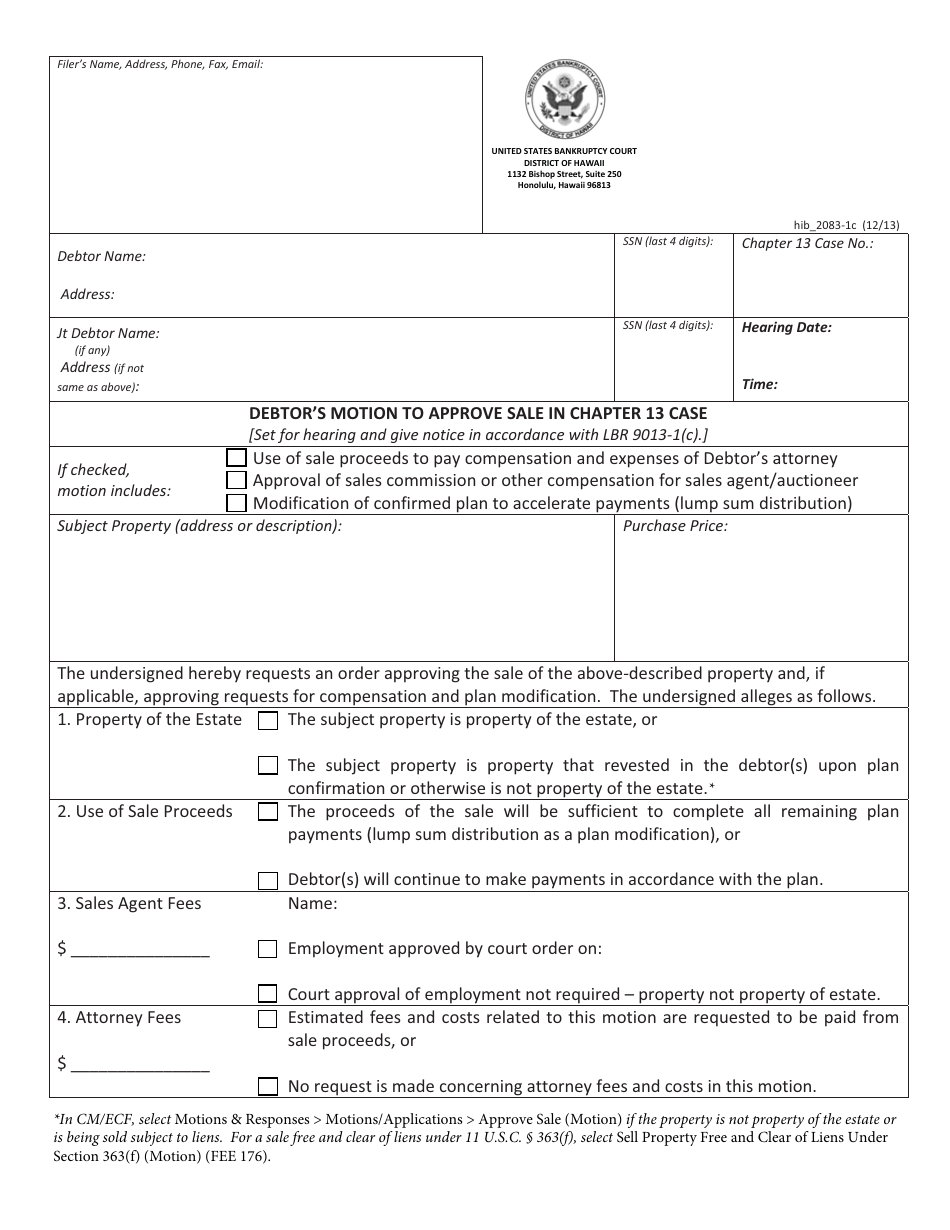 Form H2083-1C Debtors Motion to Approve Sale in Chapter 13 Case - Hawaii, Page 1