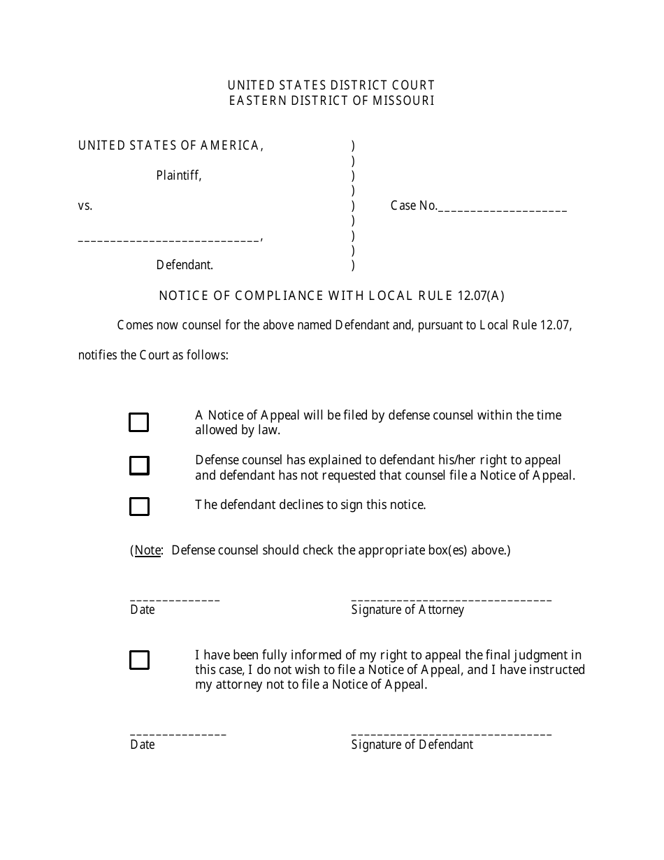 Form MOED-0044 Notice of Compliance With Local Rule 12.07(A) - Missouri, Page 1