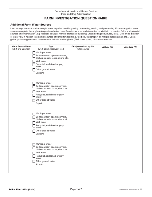 Form FDA3623A Farm Investigation Questionnaire - Additional Farm Water Sources