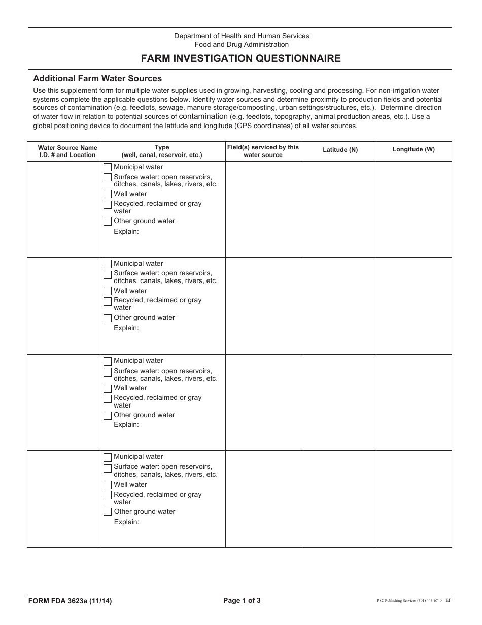 Form FDA3623A Farm Investigation Questionnaire - Additional Farm Water Sources, Page 1